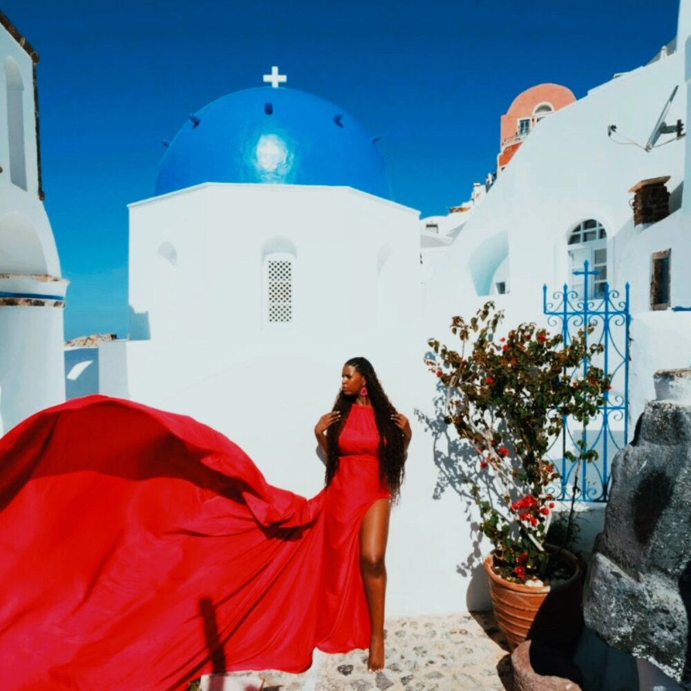 Red Flying Dress for photoshoot long train | satin Santorini flying dress